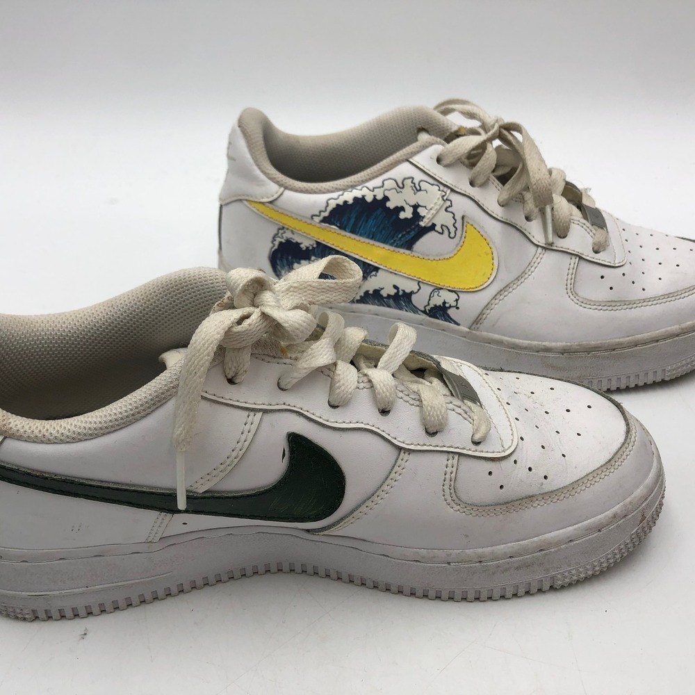 Nike Air Force 1 Low Custom Great Wave White Leather Sneakers 314192-117 Size 7Y - Picture 3 of 9